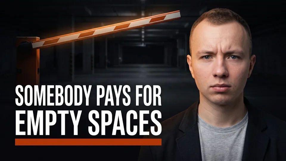 Обложка ролика «Somebody pays for empty spaces»: ведущий у шлагбаума подземного паркинга